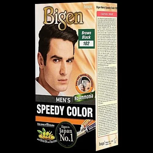 Bigen Men’s Speedy Hair Color Brown Black, 1 piece, fast-acting hair dye designed to provide natural-looking brown-black coverage with quick application and long-lasting results.