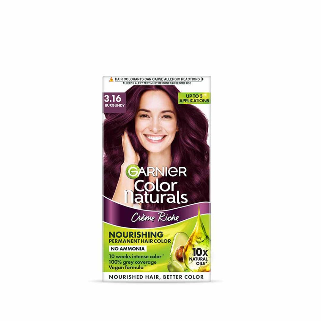 Garnier Color Naturals 3 Burgundy 0.16, 35ml + 30g, 1 packet hair color kit designed to deliver vibrant burgundy tones with long-lasting, even coverage and a smooth, glossy finish.
