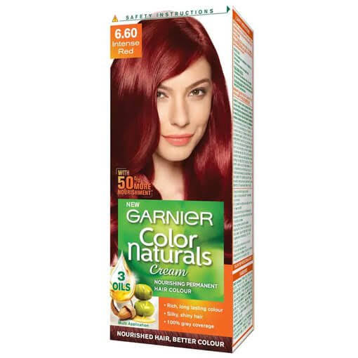 Garnier Color Naturals 6 Intense Red 60, 1 packet hair color kit designed to deliver bold intense red tones with long-lasting, even coverage and a vibrant, glossy finish.