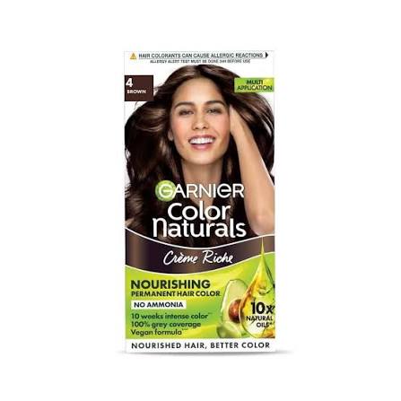 Garnier Color Naturals Nourishing Permanent Hair Color 4 Brown, 70ml hair color kit enriched with nourishing oils, designed to provide natural-looking brown coverage with long-lasting, even color and a smooth, glossy finish.