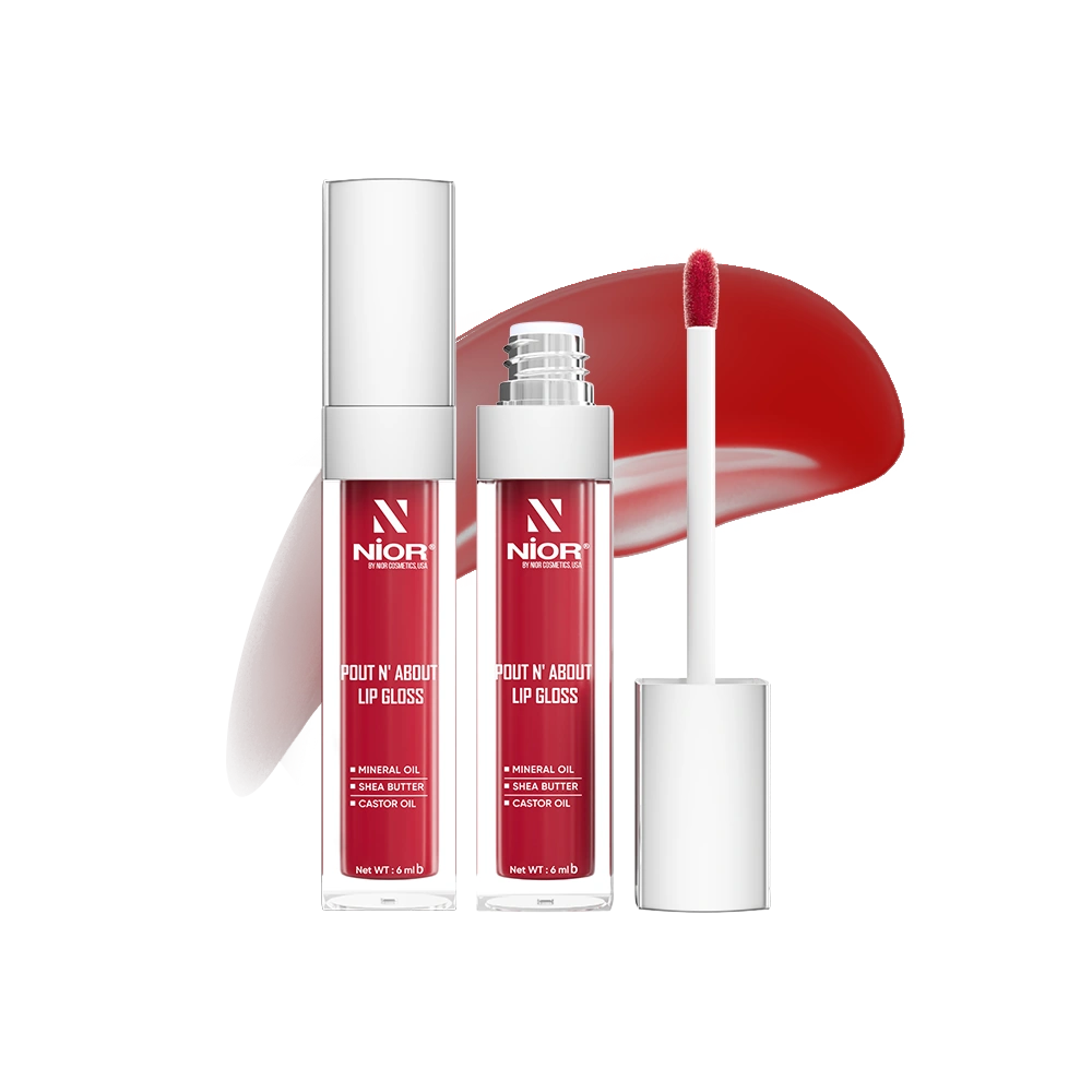 Nior Pout N About Lip Gloss, assorted shades, 6ml tube with a high-shine finish, providing smooth, glossy color for everyday wear.