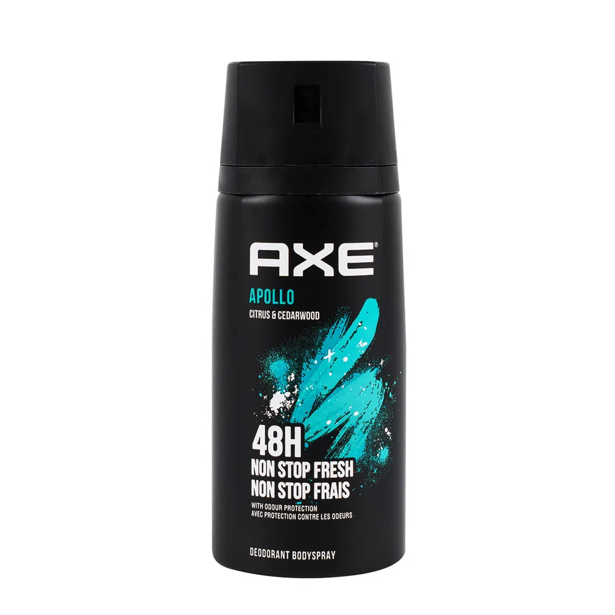 A 150ml can of Axe Apollo Citrus & Cedarwood 48H Non Stop Fresh Deodorant Body Spray 150ml, featuring a modern aerosol design with bold branding, formulated to provide up to 48 hours of odor protection and a fresh citrus and cedarwood fragrance.