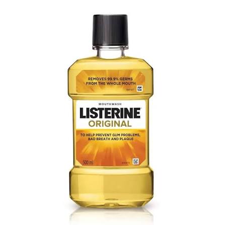 A 500ml bottle of Listerine Original Mouthwash, featuring a clear antiseptic oral rinse designed to help kill bacteria, reduce plaque, and freshen breath. The packaging is typically a transparent or lightly tinted bottle with a bold label and a secure cap for controlled pouring.