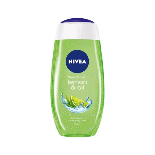 A 250ml bottle of Nivea Lemongrass & Oil Shower Gel featuring caring oil pearls, designed to gently cleanse and moisturize the skin while leaving a refreshing lemongrass scent, typically packaged in a squeezable bottle for everyday shower use.
