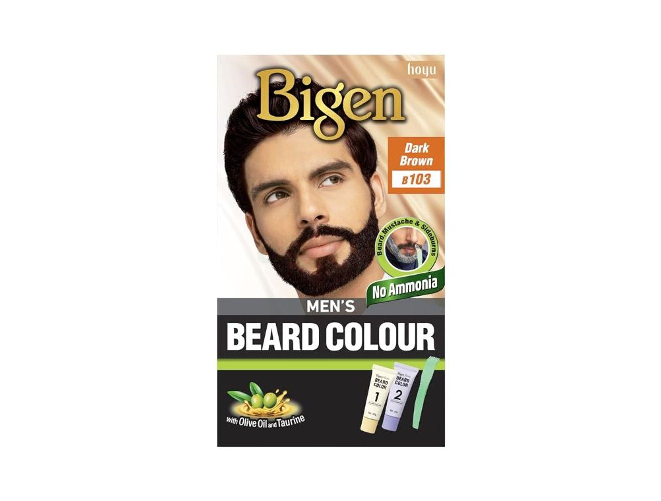 Bigen Men's Beard Color B103, 1 packet, permanent beard coloring kit for men's facial hair in retail packaging.