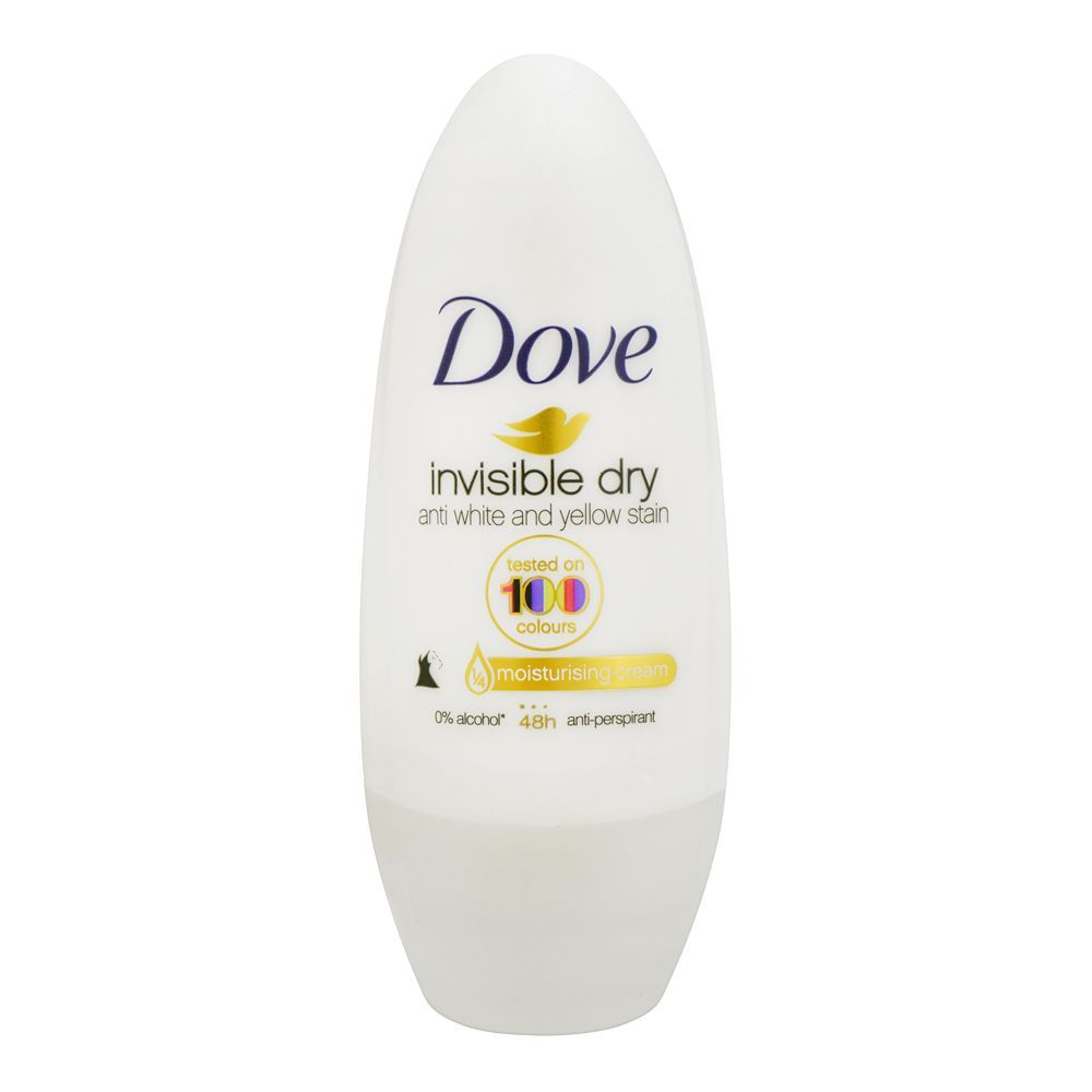 Dove Invisible Dry Anti White and Yellow 48 Hours Anti-perspirant Deodorant Roll-On, 40ml, in a white bottle with a blue cap and Dove logo on the front.