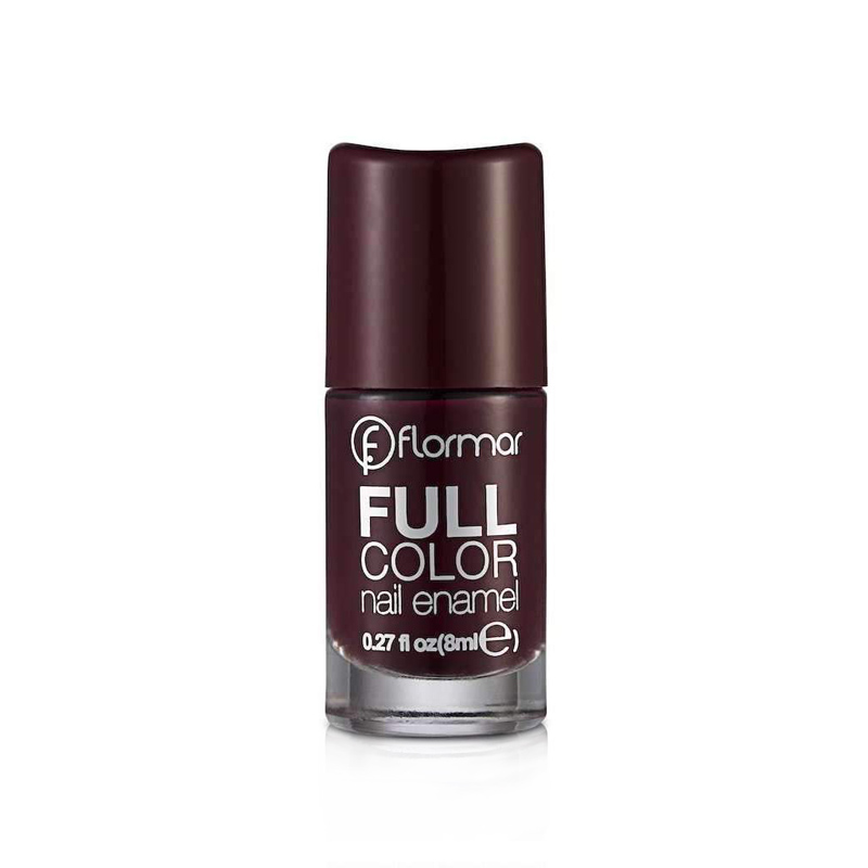 Flormar Full Color Nail Enamel in shade FC40 Royal Maroon, an 8ml nail polish featuring a rich deep maroon color with a shiny finish. The bottle has a clear glass base displaying the polish and a black cap with Flormar branding. Designed to provide high-pigment, full coverage with long-lasting wear.
