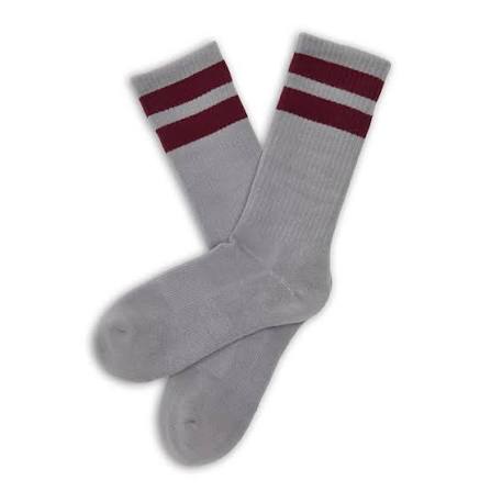 One pair of casual premium ankle socks in maroon and ash with ribbed cuffs and striped band design, suitable for everyday wear.