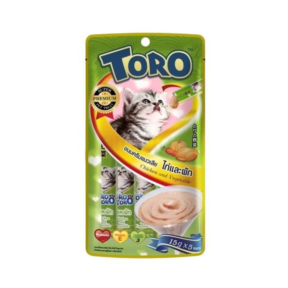 Toro Toro Creamy Treats Chicken and Vegetable Flavour cat treat, pack of 5 creamy lickable tubes, 15g each (total 75g), with chicken and vegetable flavor.