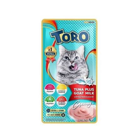 Toro Toro Creamy Treats Tuna Plus Goat Milk cat treat, pack containing 5 individual 15g creamy puree sachets, tuna flavor with goat milk.