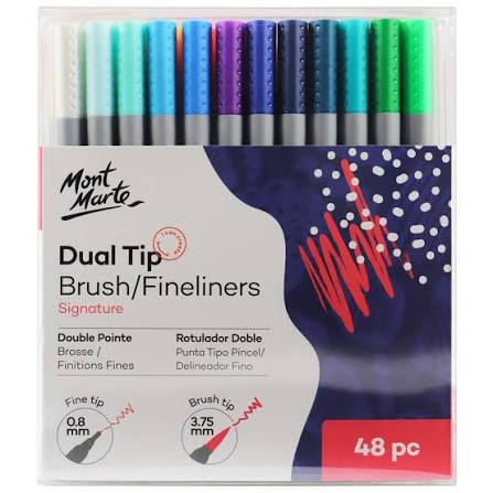 Mont Marte Signature Dual Tip Brush Fine Liner, 48 pieces marker set designed for detailed drawing, coloring, lettering, and creative artwork with dual-tip functionality for versatile art applications.