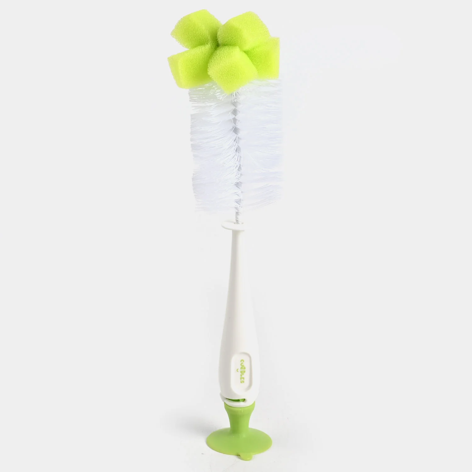 Angel Br1F-3 Nylon & Sponge Bottle Brush in assorted random colors (pink, blue, and green), featuring a long handle with nylon bristles and sponge tip for cleaning bottles.