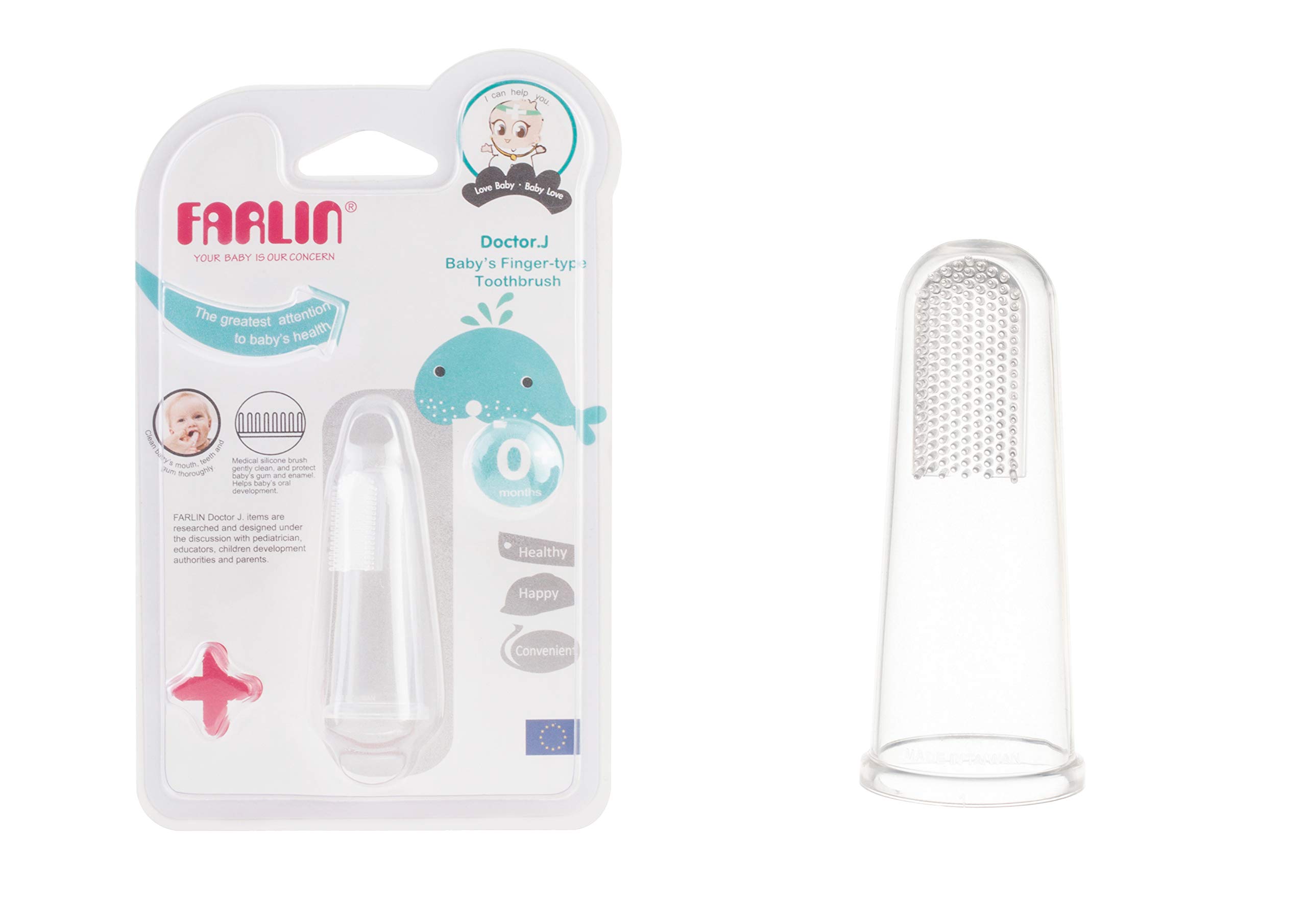 Farlin Baby's Finger Type Toothbrush BF-117, a soft silicone finger toothbrush designed for gentle cleaning of baby's gums, tongue, and first teeth.