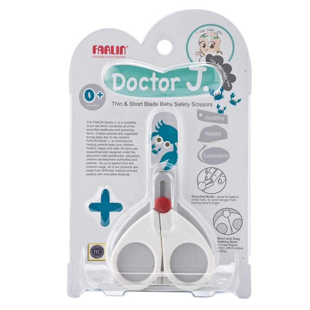 Farlin BF-160B Thin & Short Blade Baby Safety Scissors with rounded tips and protective cover for safe infant nail trimming.