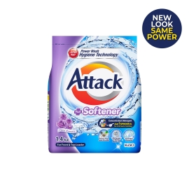 Attack Plus Softener Floral Romance 1.4Kg Pack, A Laundry Detergent Powder With Built-In Fabric Softener Designed For Effective Stain Removal, Deep Cleaning, And A Long-Lasting Floral Fragrance, Shown In A Sealed Pack With Attack Branding And Product Label Clearly Displayed.