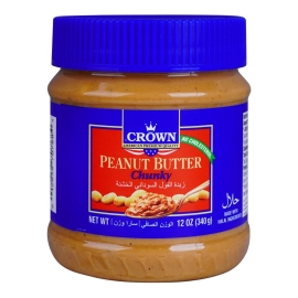 Crown Peanut Butter Chunky 340g Jar Of Chunky Peanut Butter With Peanut Pieces In Sealed Packaging.