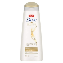 Dove Shampoo Nourishing Oil Care 340ml bottle featuring an oil-infused nourishing formula designed to help deeply moisturize dry hair, reduce frizz, and leave hair feeling soft, smooth, and healthy-looking.
