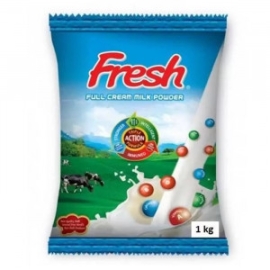Fresh Full Cream Milk Powder 1Kg Pack, A Rich And Creamy Dairy Milk Powder Suitable For Drinking, Cooking, And Baking, Shown In A Sealed Resealable Bag With Fresh Branding And Product Label Clearly Displayed.