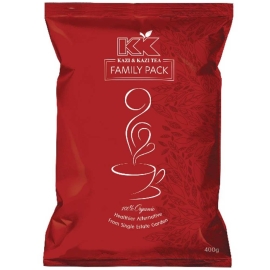 Kazi & Kazi Family Pack Black Tea 400G, A Large Pack Of Organic Black Tea Leaves Designed For Everyday Family Use, Shown In A Rectangular Box With Kazi & Kazi Tea Branding And Product Label Clearly Displayed.