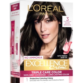 L’Oréal Paris Excellence Crème 3 Dark Brown, 100g + 72ml hair color kit designed to provide rich dark brown coverage with long-lasting color, gray coverage, and a nourishing care formula.