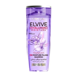 L'Oréal Paris Elvive Hyaluron 72H Moisture Filling Shampoo, 400ml bottle. Hydrating shampoo formulated with a hyaluron-inspired formula to help replenish moisture and leave hair soft, smooth, and hydrated for up to 72 hours. Bottle with a flip-top cap, purple accents, and the L'Oréal Paris Elvive branding on the front.