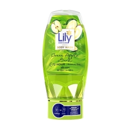 Lily Green Apple Burst Body Wash 250ML Bottle, A Refreshing Body Cleanser Infused With Green Apple Extract For A Fresh And Revitalizing Shower Experience, Shown In A Plastic Bottle With Lily Branding And Product Label Clearly Displayed.