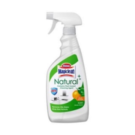 Magiclean Natural Kitchen Cleaning Agent Orange 500ml, orange-scented kitchen cleaning spray in a 500ml bottle designed to remove grease, stains, and grime from kitchen surfaces while leaving a fresh citrus fragrance.