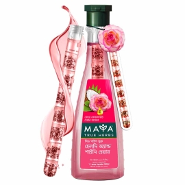 Maya Rose Coconut Hair Oil, 200 ml, in a bottle with rose-inspired branding, formulated to nourish hair with coconut oil and leave it soft, smooth, and fragrant.