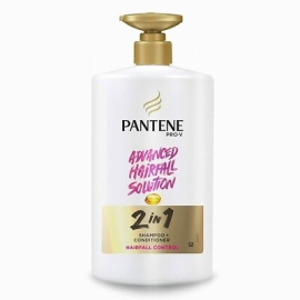 Pantene Hair Fall Control 2-in-1 Shampoo and Conditioner, 1L bottle. Dual-action formula designed to help reduce hair fall due to breakage while cleansing and conditioning hair in one step, leaving it smooth and manageable. Large bottle with a pump dispenser, white and gold Pantene Pro-V packaging, and branding on the front.