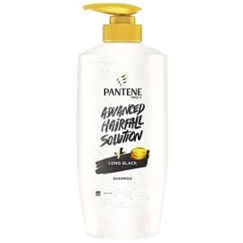 Pantene Long Black Shampoo, 650ml bottle. Nourishing shampoo formulated to help maintain long, strong, and healthy-looking black hair while gently cleansing the scalp and improving softness and shine. Bottle with a pump dispenser, white and gold Pantene Pro-V packaging, and branding on the front.