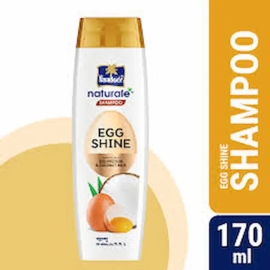 Parachute Naturale Egg Shine Shampoo, 170ml bottle. Nourishing shampoo formulated with egg protein to help strengthen hair, enhance shine, and leave it feeling soft and healthy. Bottle with a flip-top cap, yellow and white Parachute Naturale packaging, and branding on the front.