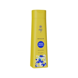 Skin Cafe Banana Shampoo with Egg Protein, 250ml bottle. Nourishing shampoo formulated with banana extract and egg protein to help strengthen hair, improve softness, and enhance shine while gently cleansing the scalp. Bottle with a flip-top cap, yellow banana-themed Skin Cafe packaging, and branding on the front.