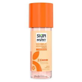 Skin Mynt Vitamin C Brightening Toner, 120ml facial toner formulated with vitamin C to help brighten skin tone, refresh, and improve overall radiance, packaged in a clear bottle with Skin Mynt branding and product details on the label.