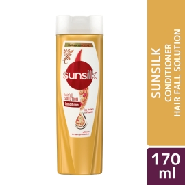 Sunsilk Hair Fall Solution Conditioner, 170ml bottle. Nourishing conditioner formulated to help reduce hair fall due to breakage, strengthen hair, and improve softness and manageability. Bottle with a flip-top cap, Sunsilk packaging with branded label and logo on the front.