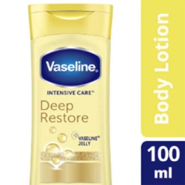 Vaseline Intensive Care Deep Restore Lotion, 100 ml, moisturizing body lotion in a bottle designed to deeply hydrate dry skin and improve softness and smoothness.