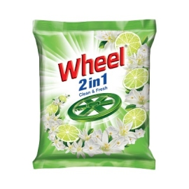 Wheel Washing Powder Clean & Fresh 1Kg Pack, A Laundry Detergent Powder Designed For Effective Stain Removal, Deep Cleaning, And Fresh-Smelling Clothes, Shown In A Sealed Pack With Wheel Branding And Product Label Clearly Displayed.