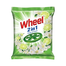 Wheel Washing Powder Clean & Fresh 2Kg Pack, A Laundry Detergent Powder Designed For Effective Stain Removal, Deep Cleaning, And Fresh-Smelling Clothes, Shown In A Sealed Pack With Wheel Branding And Product Label Clearly Displayed.