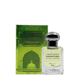 Al Haramain AHP-1831 Attar Ajmer, 15ml bottle. Concentrated fragrance oil (attar) with a traditional oriental scent designed to provide a rich, long-lasting, alcohol-free fragrance. Small glass bottle with an ornate cap and Al Haramain branding on the front label.