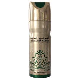 Al Haramain AHP-1950 Madina Deodorant, 1 piece. Deodorant body spray formulated to help provide long-lasting freshness and odor protection while leaving a pleasant oriental-inspired fragrance. Aerosol can with branded labeling, a spray nozzle, and the Al Haramain logo on the front.