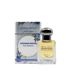 Al Haramain AHP-1135 Ruhani Attar, 15ml bottle. Concentrated fragrance oil (attar) with a soft oriental scent designed to provide a long-lasting, alcohol-free fragrance experience. Small glass bottle with an ornate cap and Al Haramain branding on the front label.