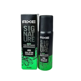 A 122ml aerosol can of Axe Signature Rogue Perfume Body Deodorant 122ml, featuring a sleek black design with bold branding, formulated to deliver long-lasting odor protection and a distinctive masculine fragrance for all-day freshness.