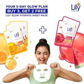 Buy 3 Lilyglow Hydrate Sheet Masks and get 2 free, promotional 5-sheet mask bundle in one packet for hydrating skincare.