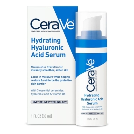 CeraVe Hydrating Hyaluronic Acid Serum 30ml bottle with pump dispenser, moisturizing facial serum with hyaluronic acid and ceramides for long-lasting hydration.