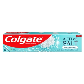 A 100g tube of Colgate Active Salt Toothpaste, designed for oral hygiene with a salt-based formula that helps clean teeth, fight germs, and support healthy gums, presented in standard squeeze-tube packaging.