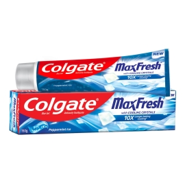 A 150g tube of Colgate Max Fresh Blue Gel Toothpaste featuring a refreshing blue gel formula designed to help clean teeth, fight cavities, and provide long-lasting fresh breath.