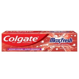 A 70g tube of Colgate MaxFresh Red Gel Toothpaste, featuring a red and silver packaging design with blue accents. The tube is shown upright, highlighting its gel formulation and branding associated with long-lasting fresh breath and oral hygiene care.