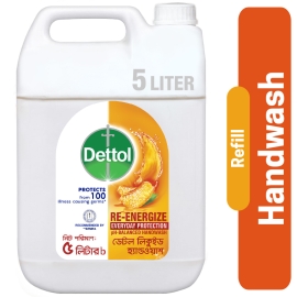 Dettol Handwash Re-Energize Everyday Protection Refill 5L, liquid hand wash refill designed to effectively clean hands, remove germs, and help maintain daily hygiene with a refreshing fragrance.