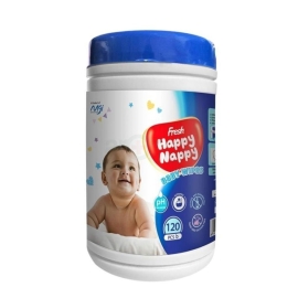 Fresh Happy Nappy Baby Wipes Canister, 120 pieces, soft pre-moistened wipes designed for gentle cleaning of a baby’s skin, helping remove dirt and maintain freshness and hygiene.