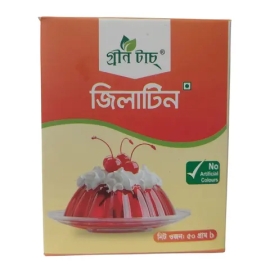 Green Food Gelatine Special Quality 50g pack, a 50g packet of powdered gelatin used as a gelling agent in desserts such as jelly, mousse, and cakes, helping to set and stabilize food textures.
