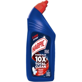 Harpic Toilet Cleaner Power Plus 10X 1L in a black angled bottle with a red cap, powerful toilet cleaning liquid that removes tough stains, limescale, rust, and kills 99.9% of germs for a hygienic, fresh-smelling toilet.